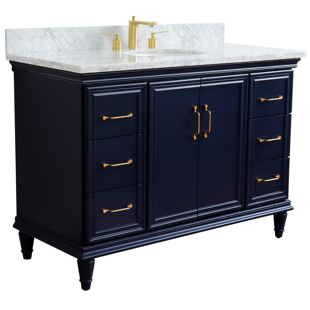 49 Single sink vanity in Blue finish with White carrara marble and oval sink. Picture 6