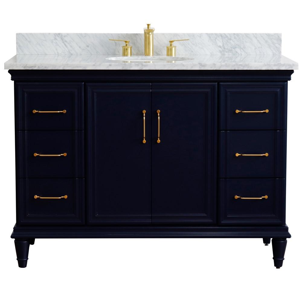49 Single sink vanity in Blue finish with White carrara marble and oval sink. Picture 8
