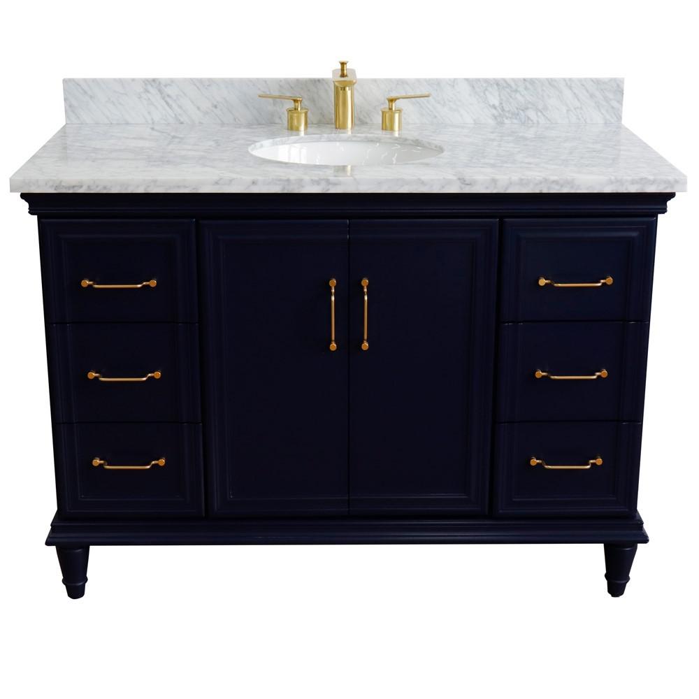 49 Single sink vanity in Blue finish with White carrara marble and oval sink. Picture 11