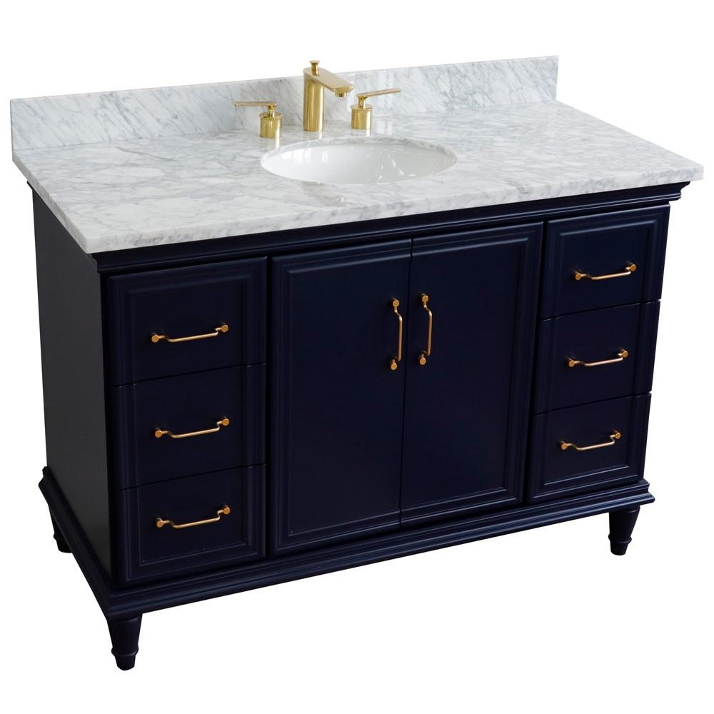49 Single sink vanity in Blue finish with White carrara marble and oval sink. Picture 12