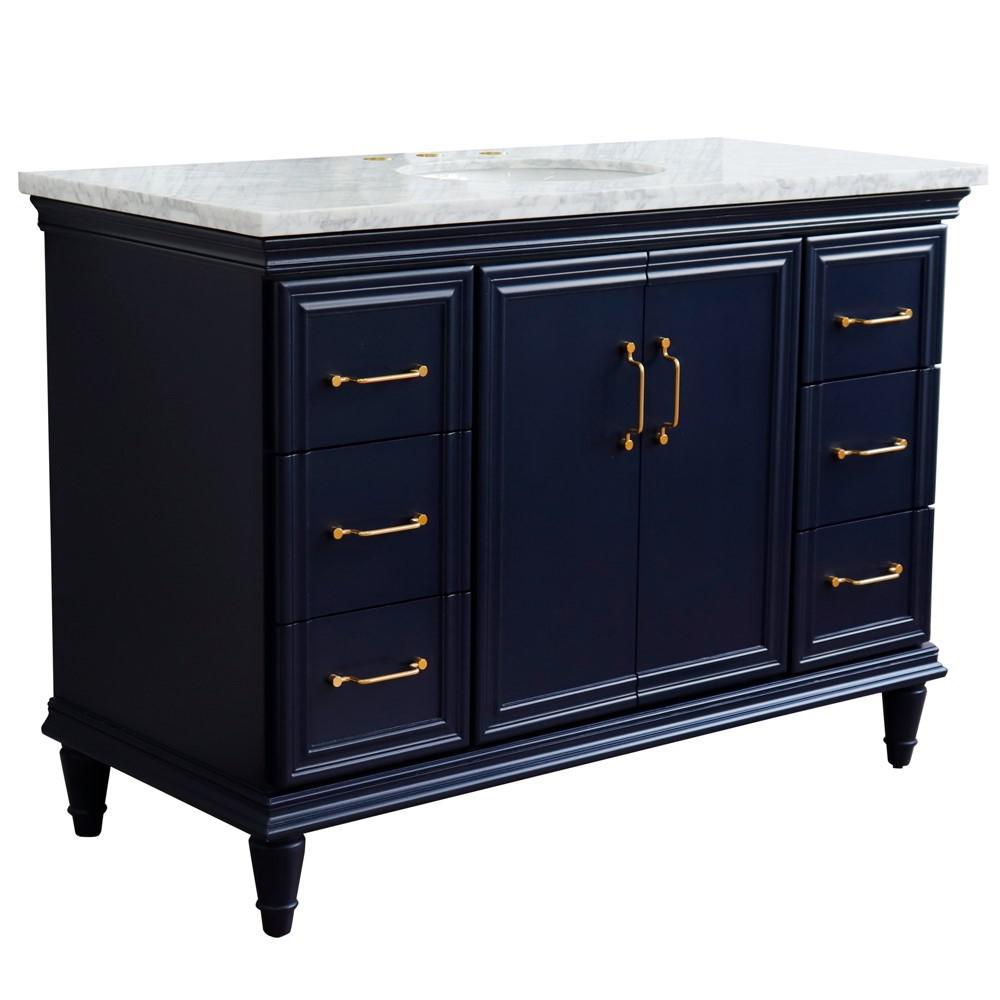 49 Single sink vanity in Blue finish with White carrara marble and oval sink. Picture 15