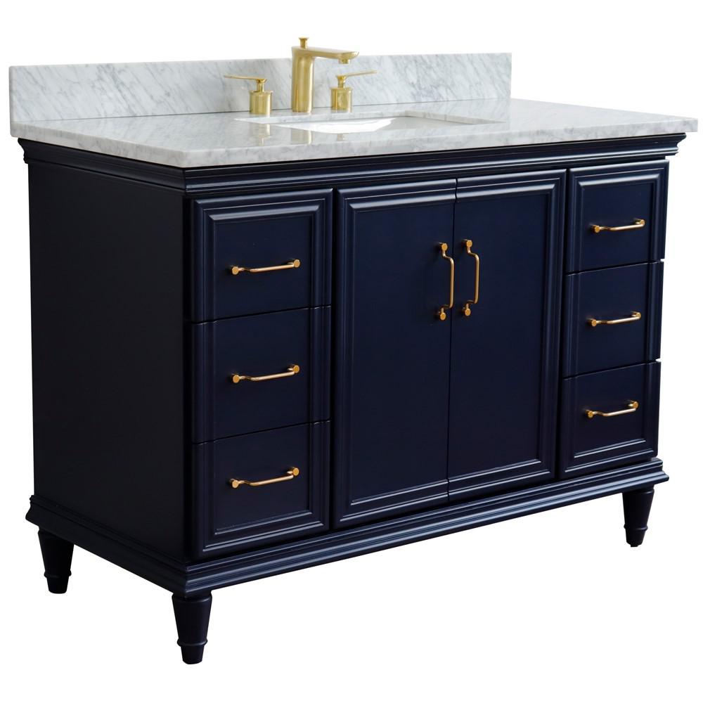 Single sink vanity in Blue with White carrara marble and rectangle sink. Picture 6