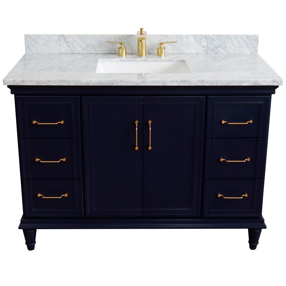 Single sink vanity in Blue with White carrara marble and rectangle sink. Picture 11