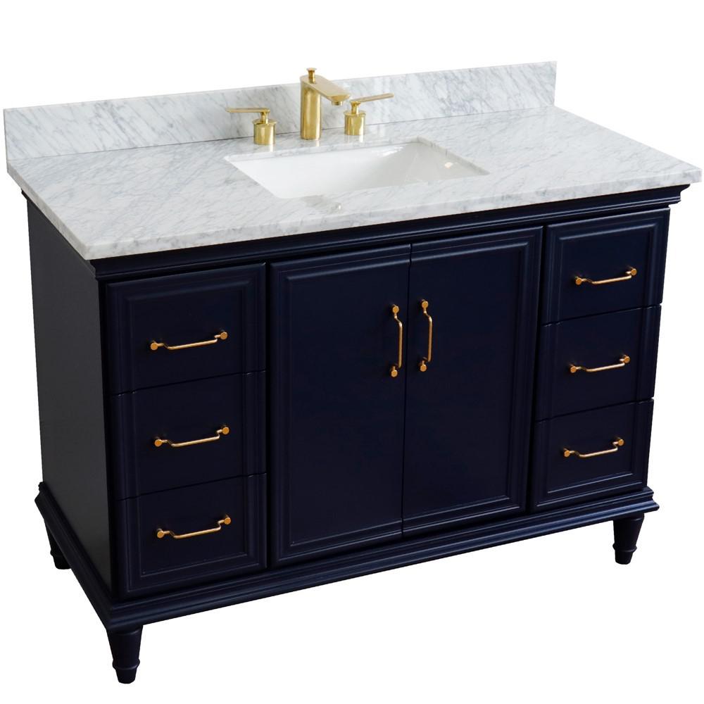 Single sink vanity in Blue with White carrara marble and rectangle sink. Picture 12