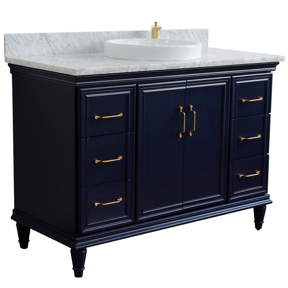Single sink vanity in Blue with White carrara marble and rectangle sink. Picture 21