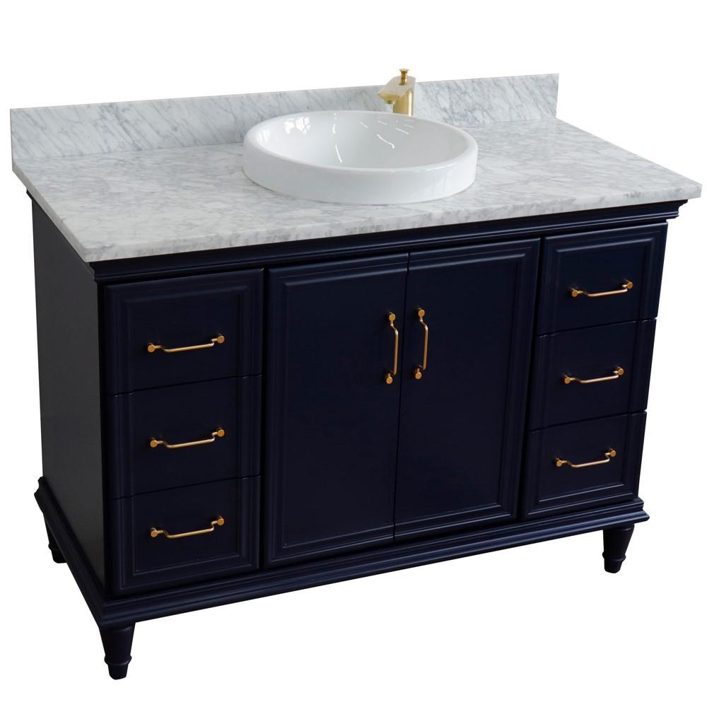 Single sink vanity in Blue with White carrara marble and rectangle sink. Picture 27
