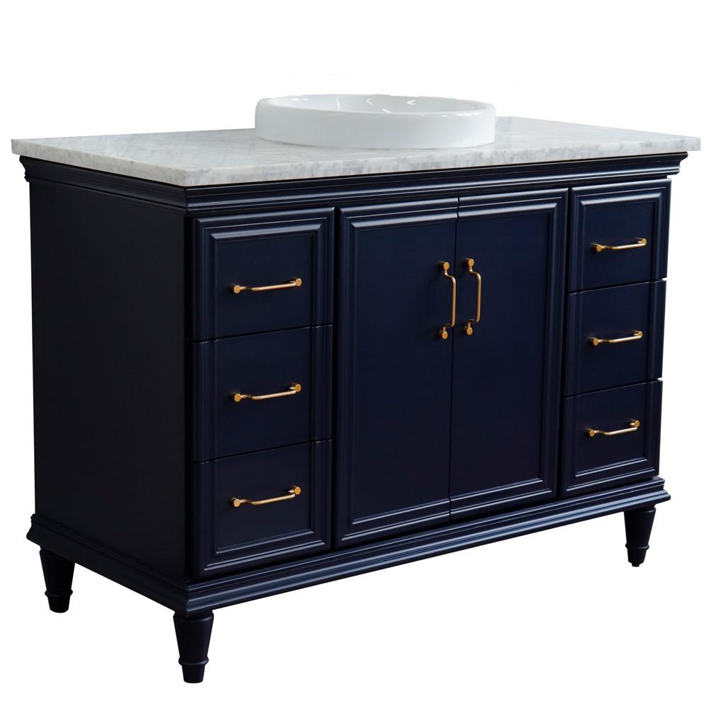 Single sink vanity in Blue with White carrara marble and rectangle sink. Picture 30