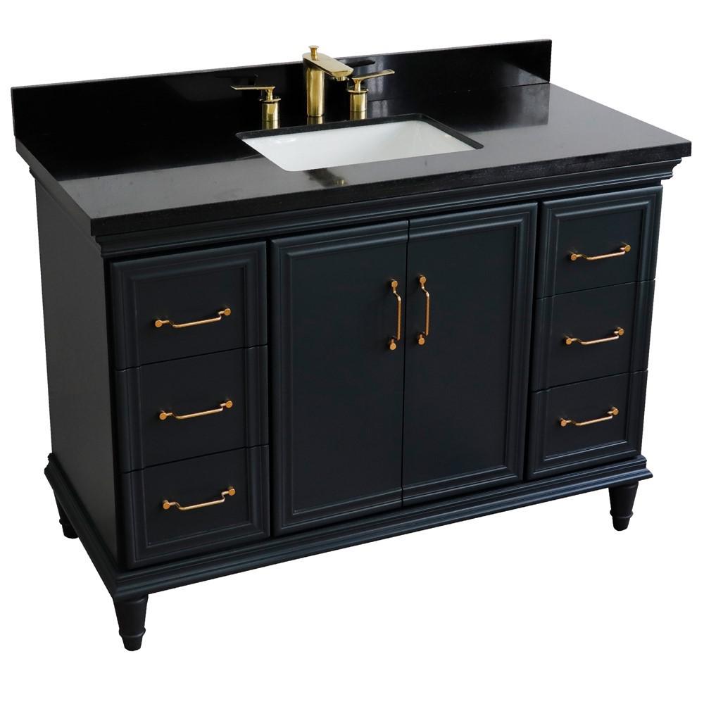 Single sink vanity in Dark Gray with Black galaxy granite and rectangle sink. Picture 13