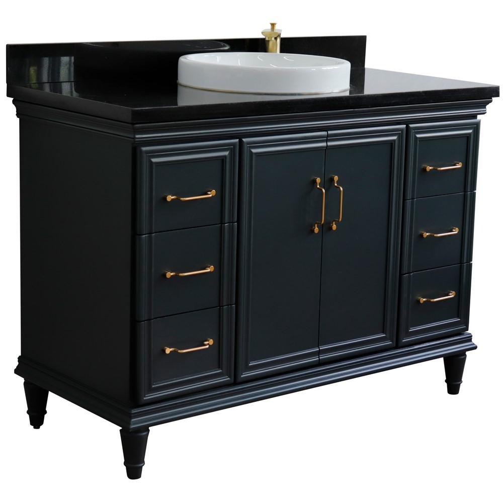 Single sink vanity in Dark Gray with Black galaxy granite and rectangle sink. Picture 23