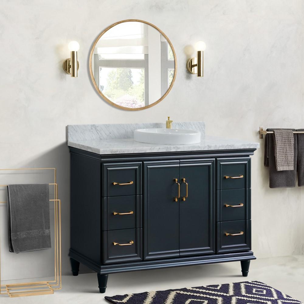 Single sink vanity in Dark Gray with White carrara marble and rectangle sink. Picture 18