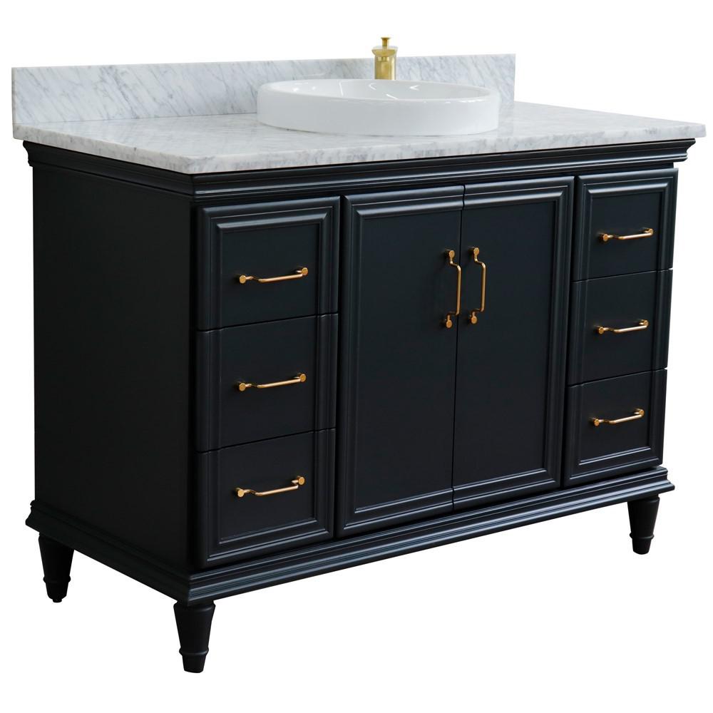 Single sink vanity in Dark Gray with White carrara marble and rectangle sink. Picture 23