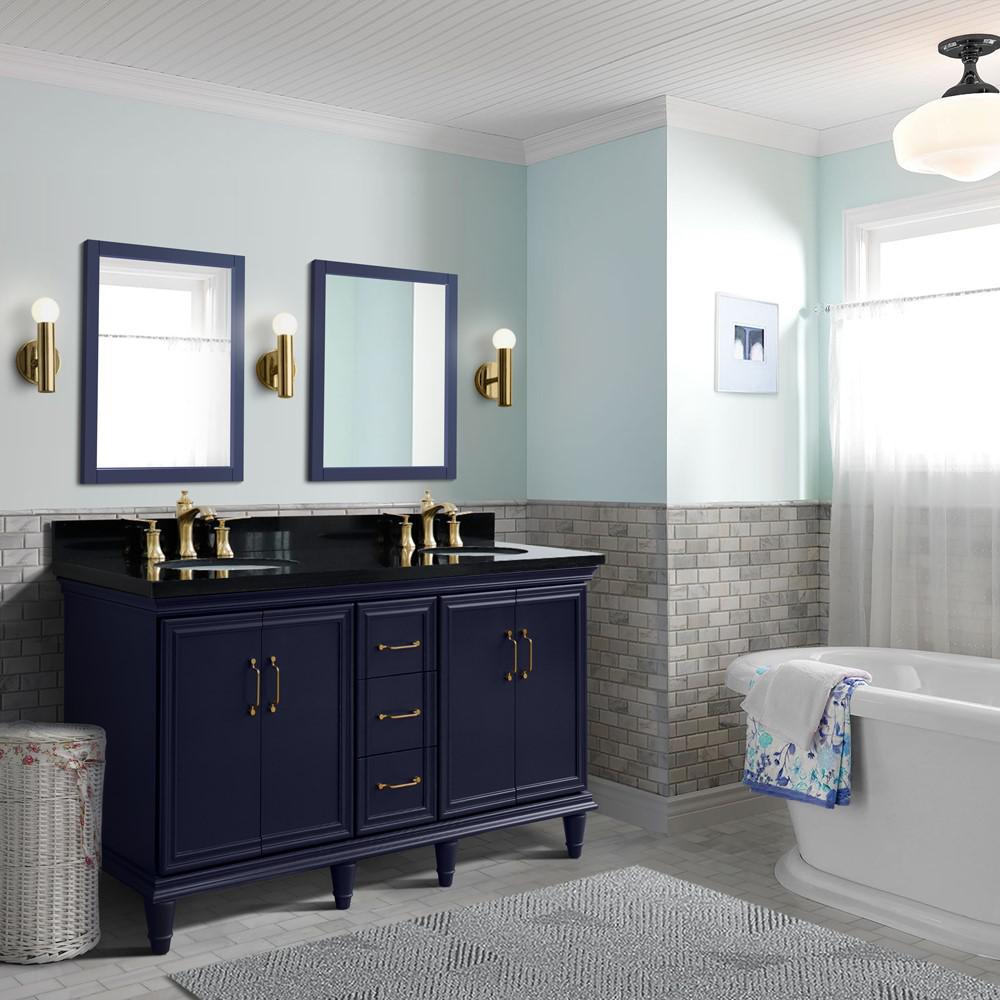 61 Double sink vanity in Blue finish and Black galaxy granite and oval sink. Picture 2