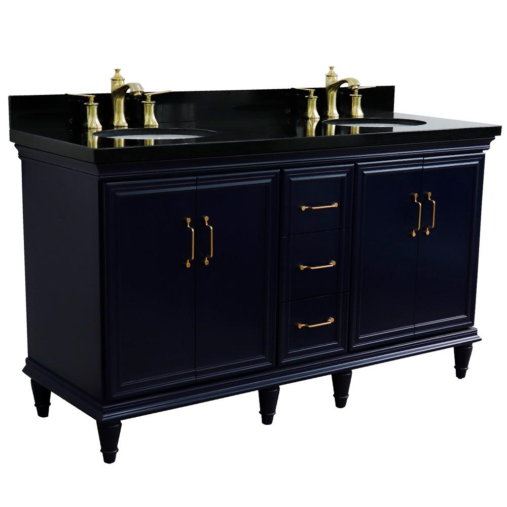61 Double sink vanity in Blue finish and Black galaxy granite and oval sink. Picture 6