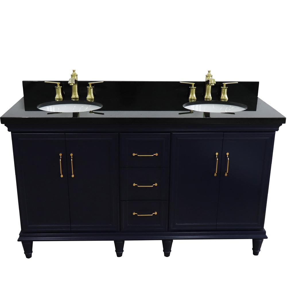 61 Double sink vanity in Blue finish and Black galaxy granite and oval sink. Picture 11