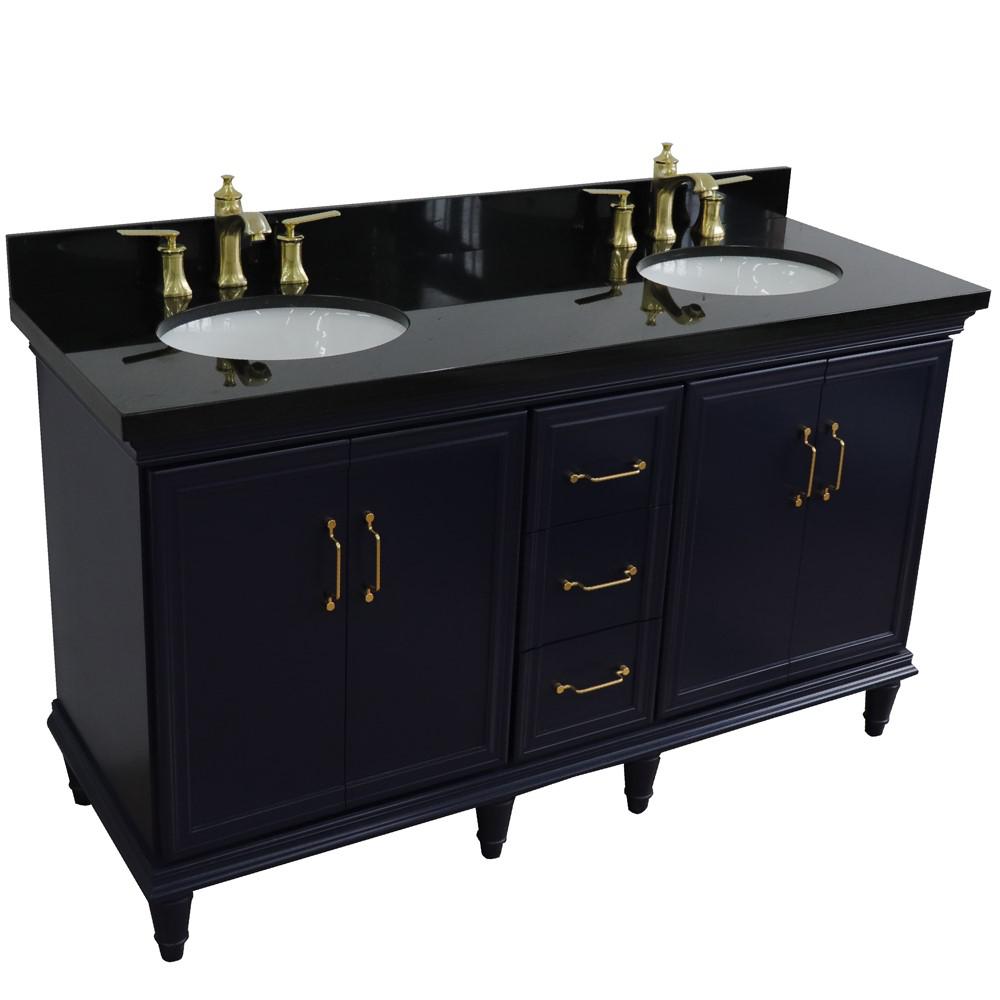 61 Double sink vanity in Blue finish and Black galaxy granite and oval sink. Picture 12