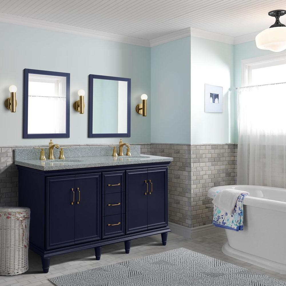 61 Double sink vanity in Blue finish and Gray granite and oval sink. Picture 2