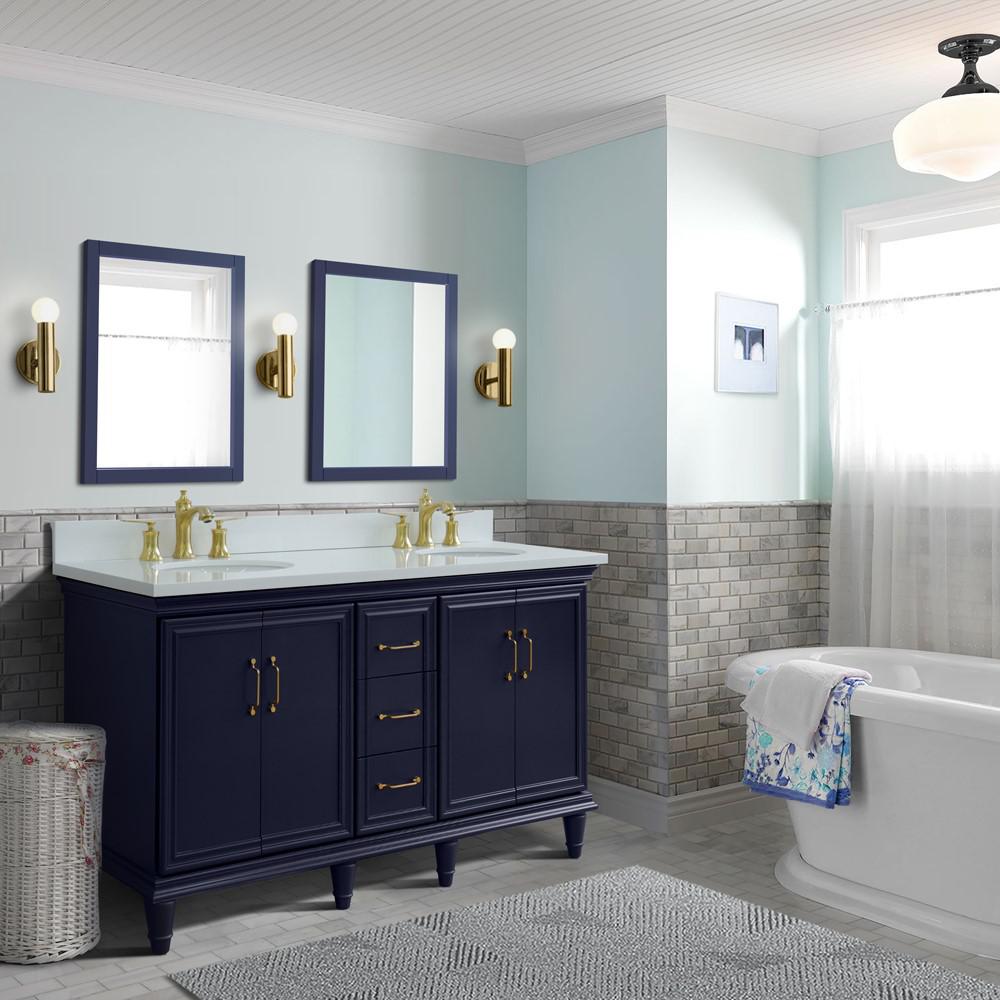61 Double sink vanity in Blue finish and White quartz and oval sink. Picture 2