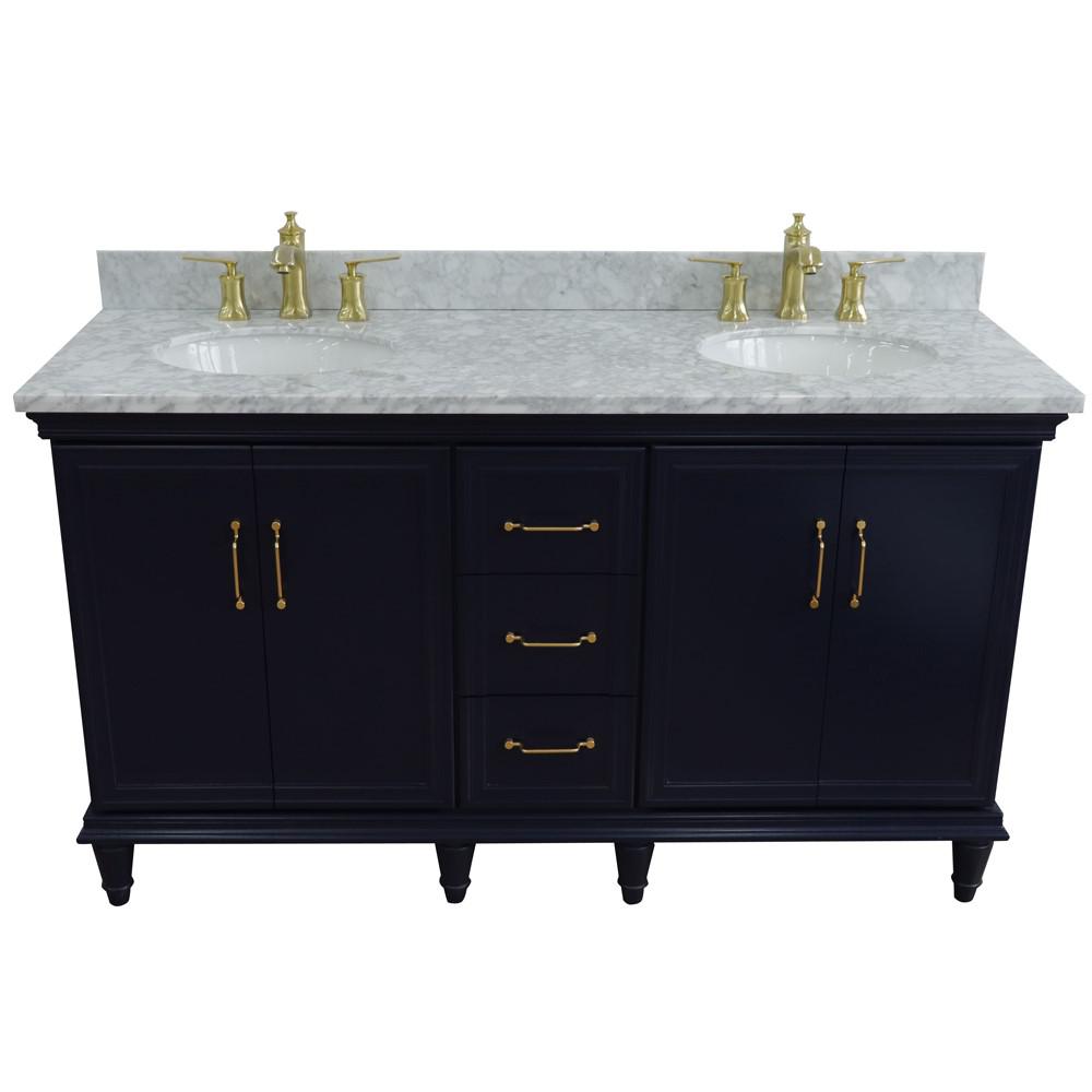 61 Double sink vanity in Blue finish and White Carrara marble and oval sink. Picture 11