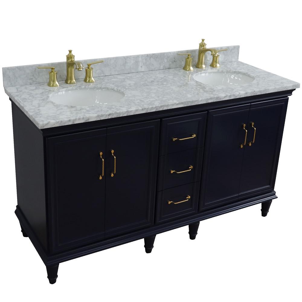 61 Double sink vanity in Blue finish and White Carrara marble and oval sink. Picture 12