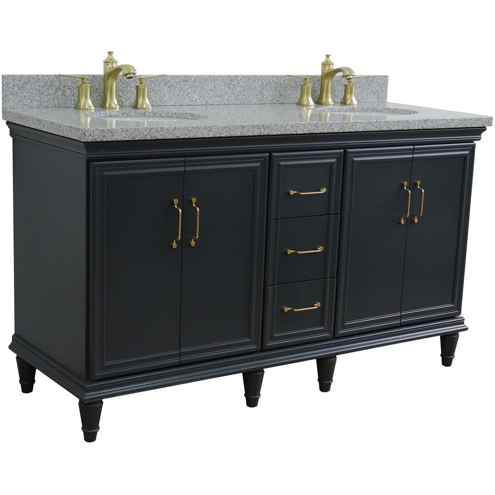 61 Double sink vanity in Dark Gray finish and Gray granite and oval sink. Picture 5