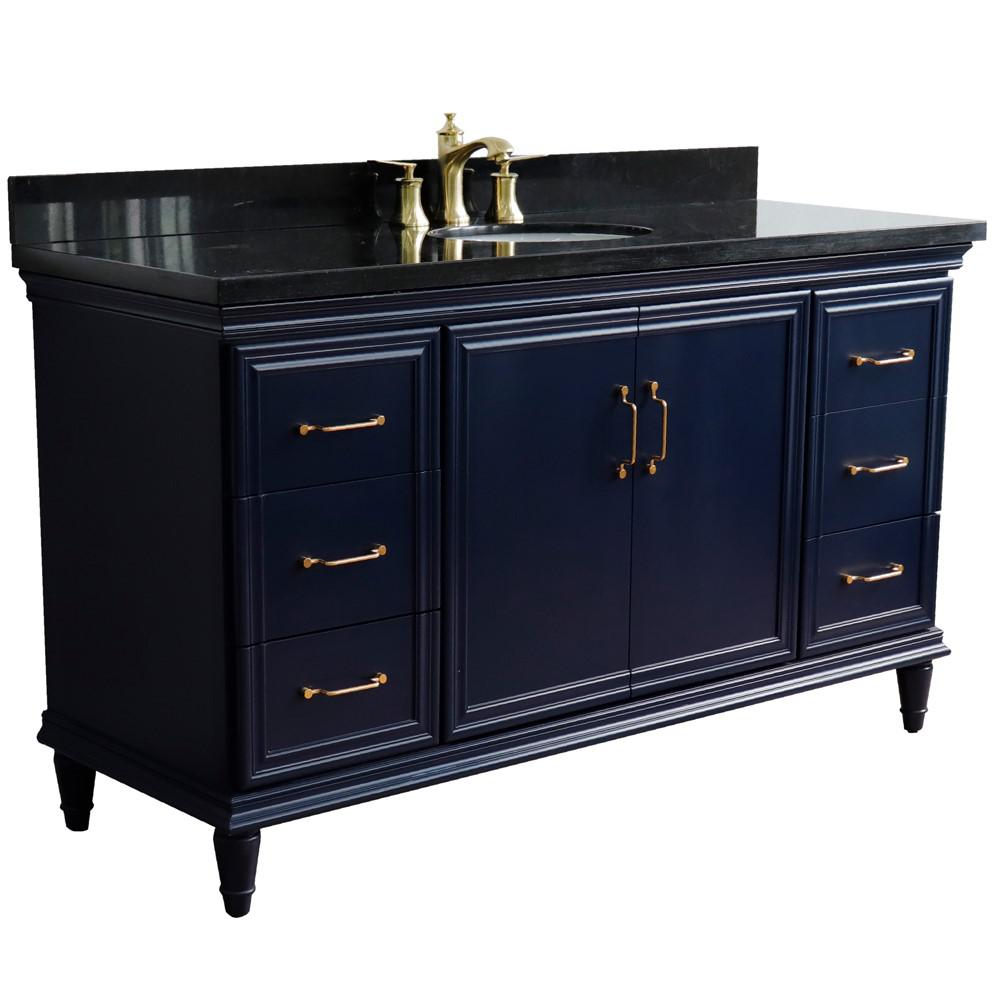 61 Single sink vanity in Blue finish and Black galaxy granite and oval sink. Picture 4