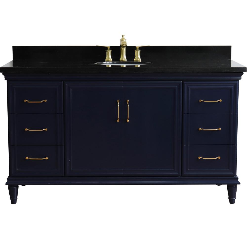 61 Single sink vanity in Blue finish and Black galaxy granite and oval sink. Picture 6