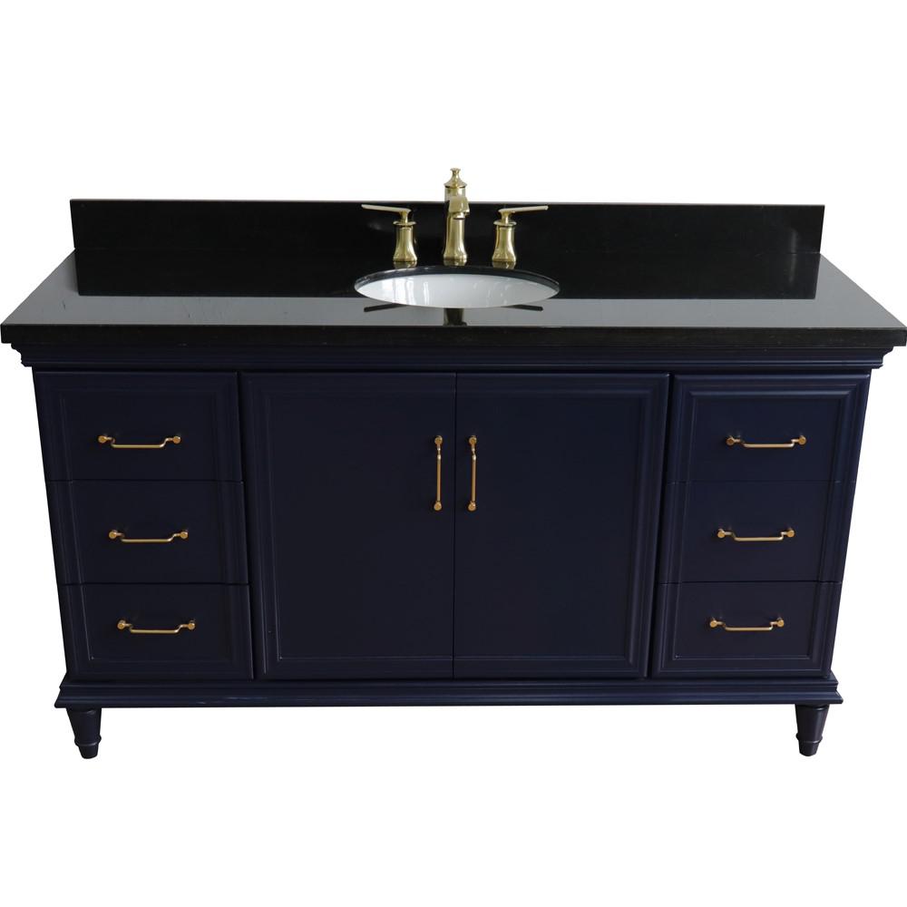 61 Single sink vanity in Blue finish and Black galaxy granite and oval sink. Picture 8