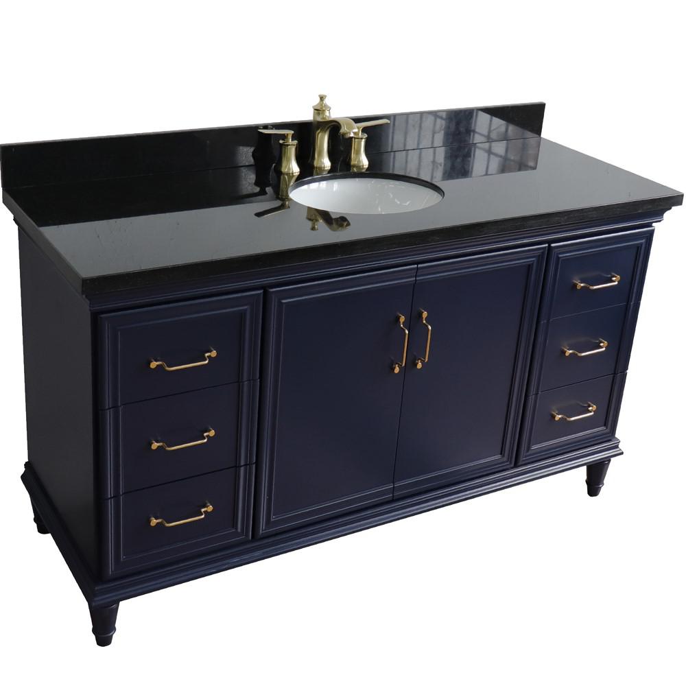 61 Single sink vanity in Blue finish and Black galaxy granite and oval sink. Picture 9