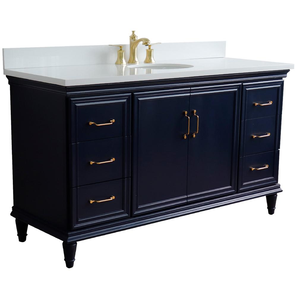 61 Single sink vanity in Blue finish and White quartz and oval sink. Picture 4