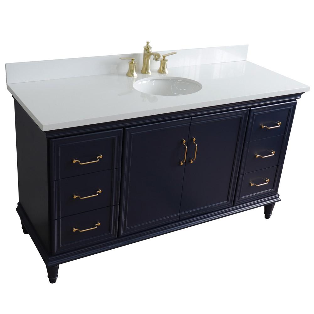 61 Single sink vanity in Blue finish and White quartz and oval sink. Picture 9
