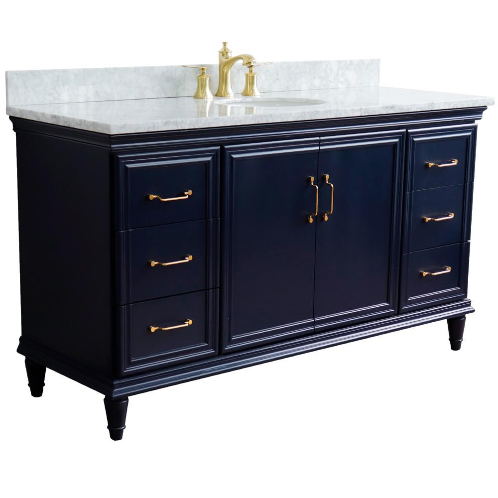 61 Single sink vanity in Blue finish and White Carrara marble and oval sink. Picture 4
