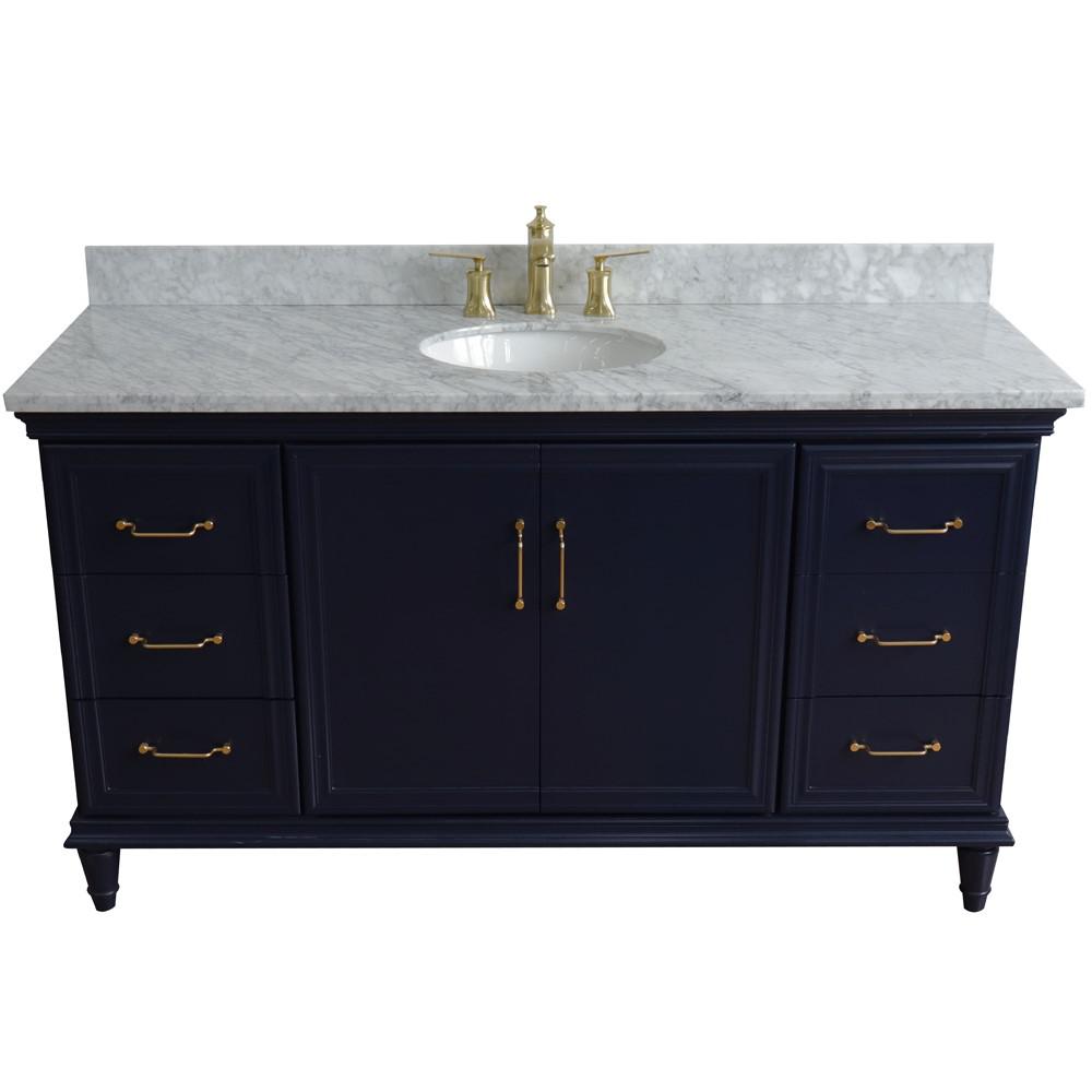 61 Single sink vanity in Blue finish and White Carrara marble and oval sink. Picture 8