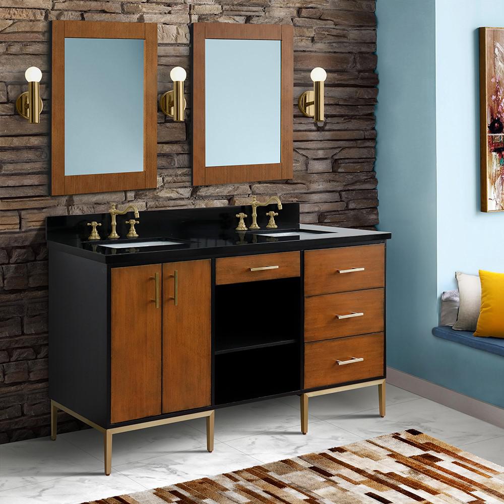 Double sink vanity in Walnut and Black galaxy granite and rectangle sink. Picture 2