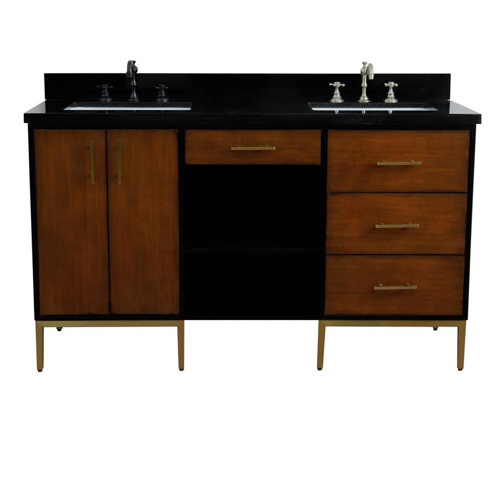Double sink vanity in Walnut and Black galaxy granite and rectangle sink. Picture 3