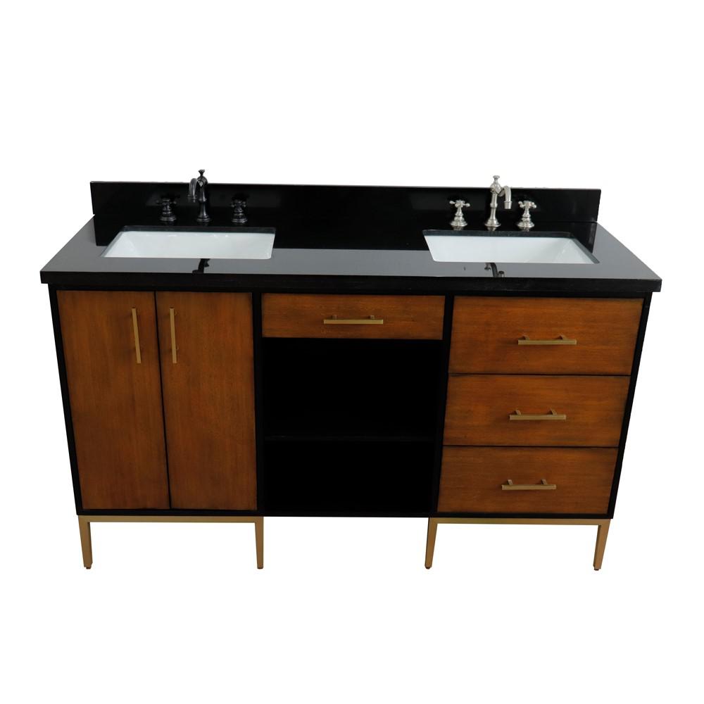 Double sink vanity in Walnut and Black galaxy granite and rectangle sink. Picture 18