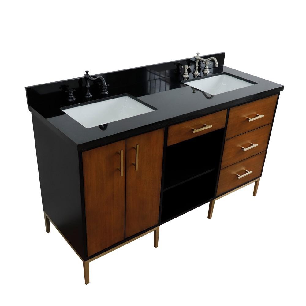 Double sink vanity in Walnut and Black galaxy granite and rectangle sink. Picture 19