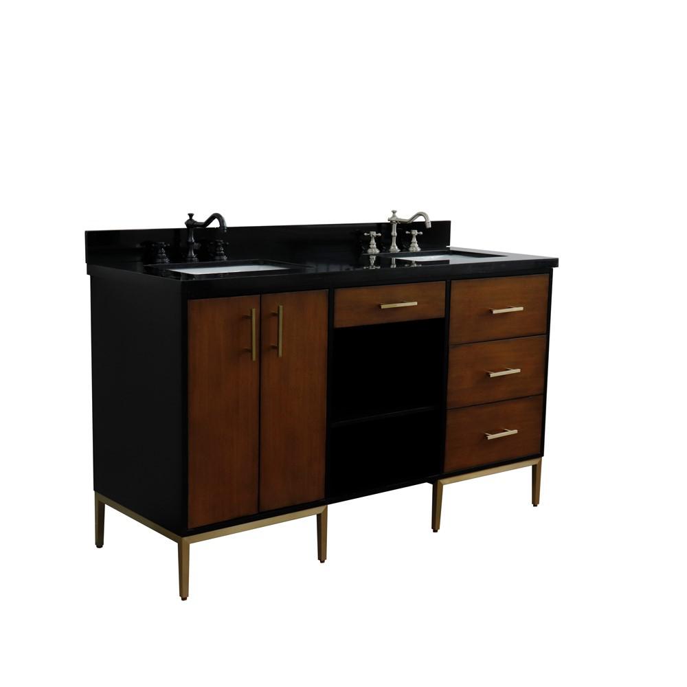 Double sink vanity in Walnut and Black galaxy granite and rectangle sink. Picture 23