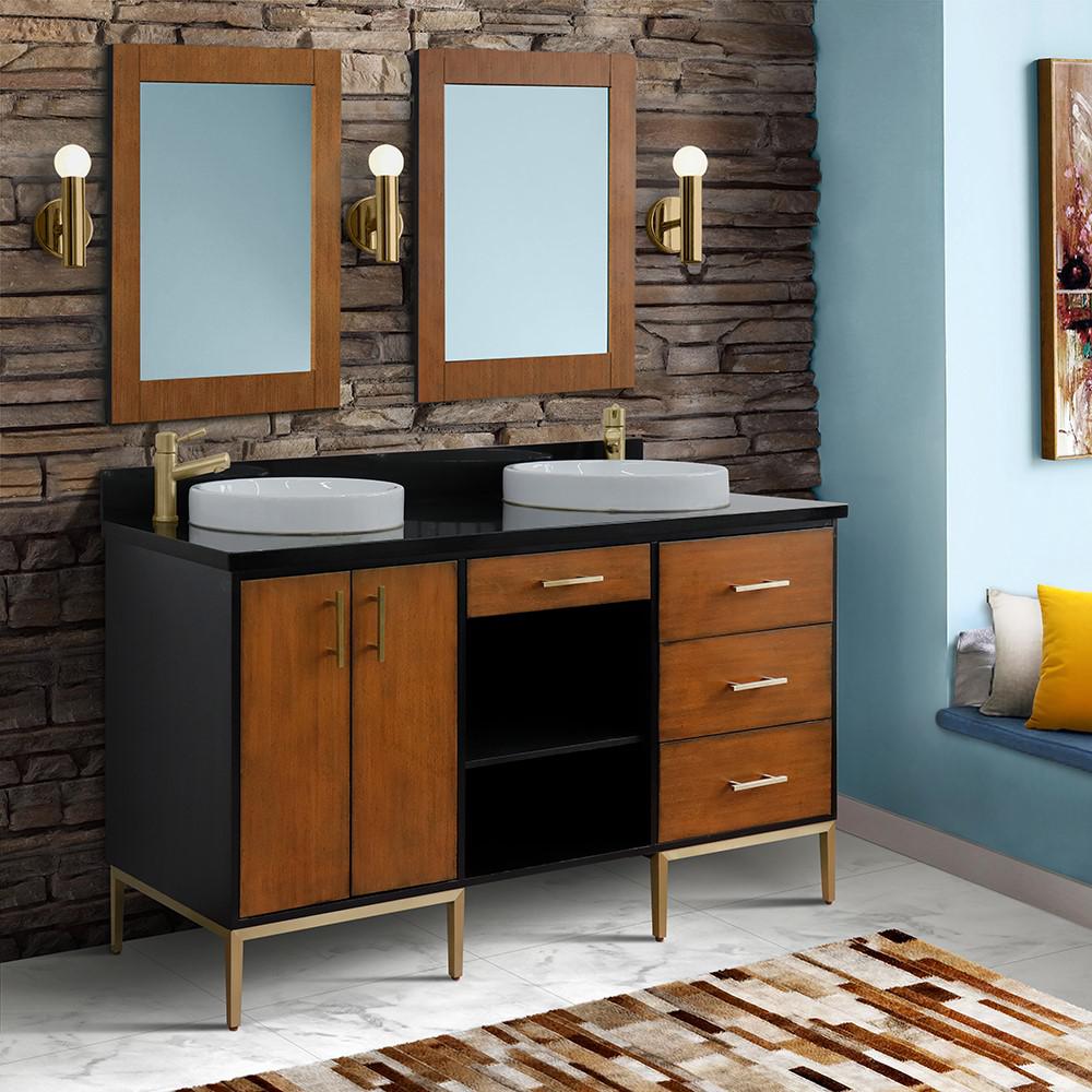 Double sink vanity in Walnut and Black galaxy granite and rectangle sink. Picture 25