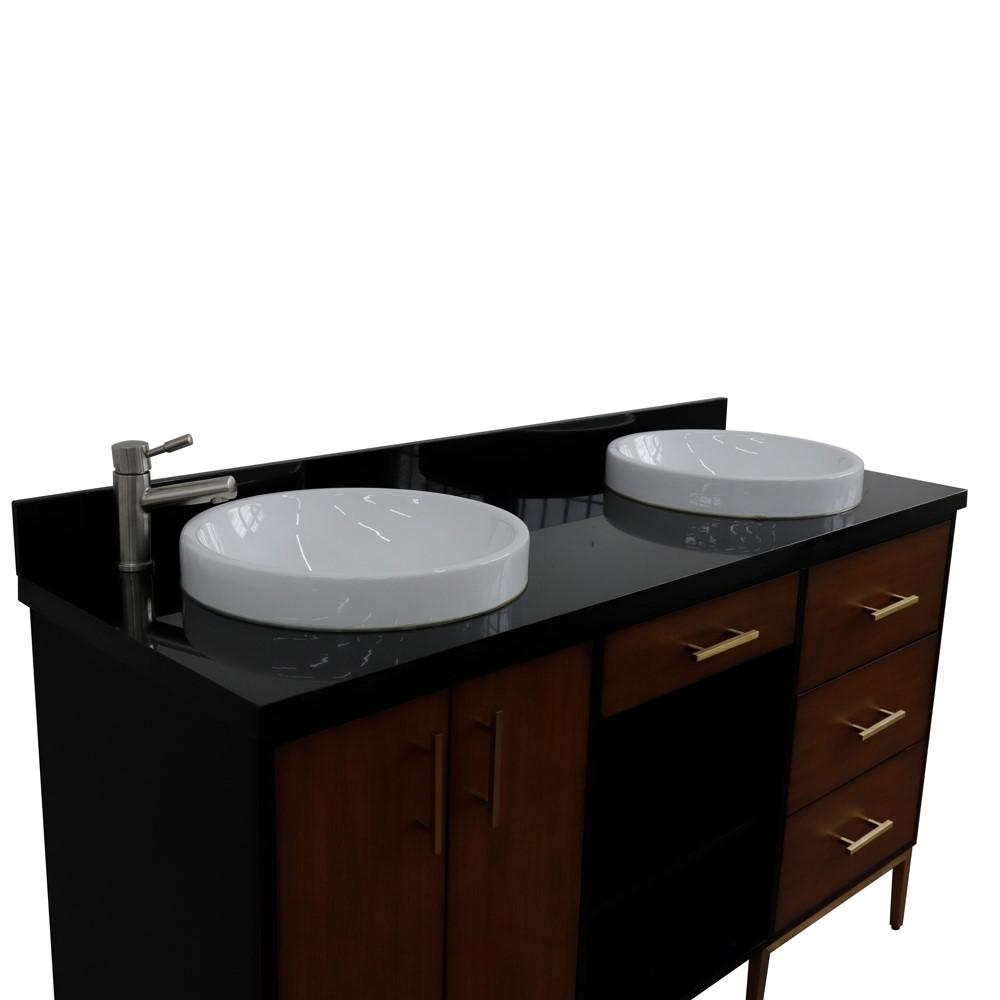 Double sink vanity in Walnut and Black galaxy granite and rectangle sink. Picture 26