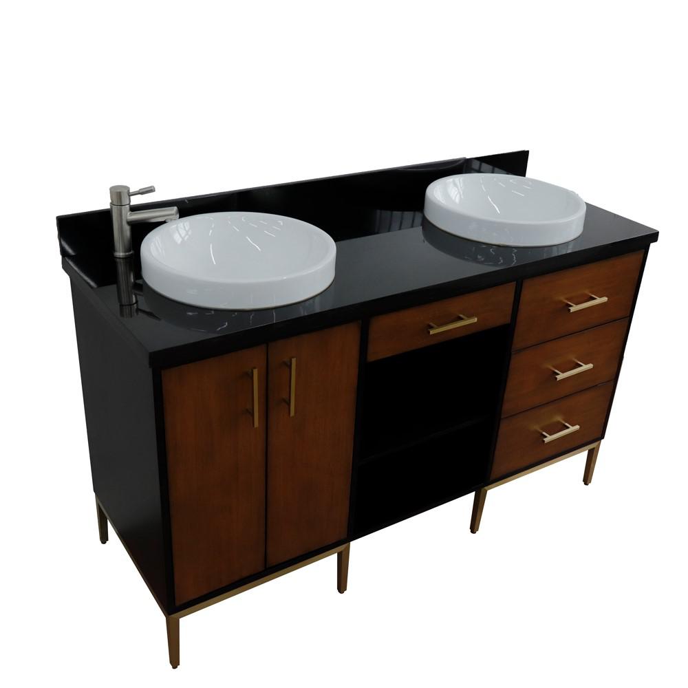 Double sink vanity in Walnut and Black galaxy granite and rectangle sink. Picture 38