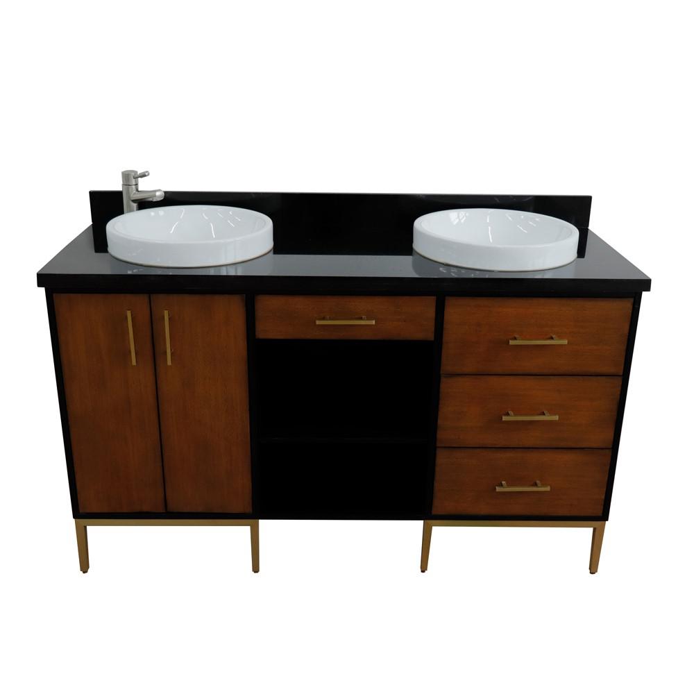 Double sink vanity in Walnut and Black galaxy granite and rectangle sink. Picture 40