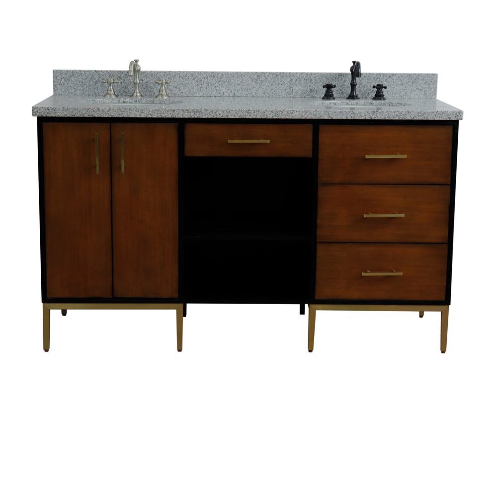 61 Double sink vanity in Walnut and Black finish and Gray granite and oval sink. Picture 3