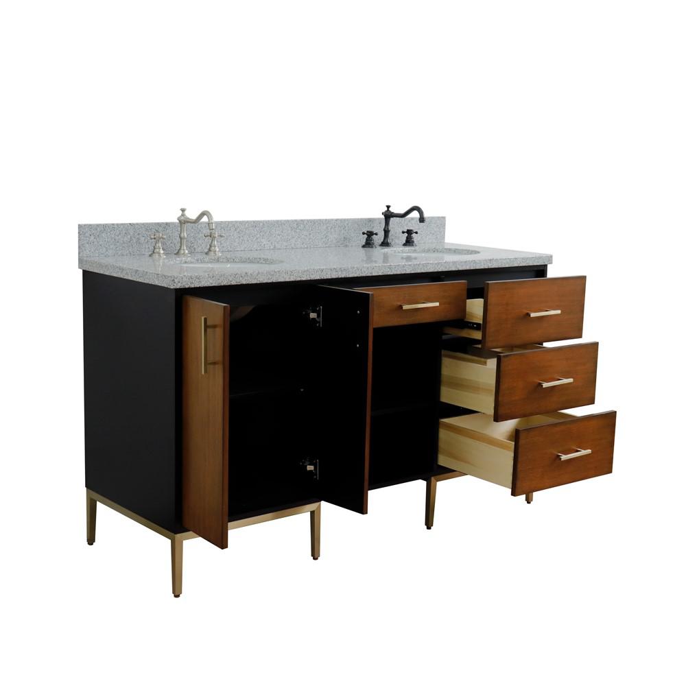 61 Double sink vanity in Walnut and Black finish and Gray granite and oval sink. Picture 14