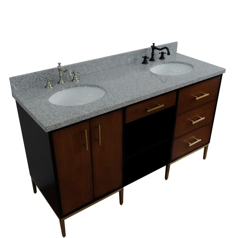 61 Double sink vanity in Walnut and Black finish and Gray granite and oval sink. Picture 16
