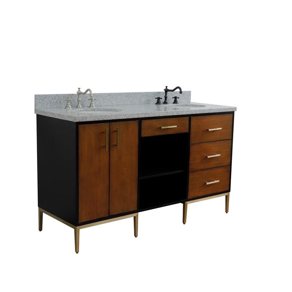 61 Double sink vanity in Walnut and Black finish and Gray granite and oval sink. Picture 19