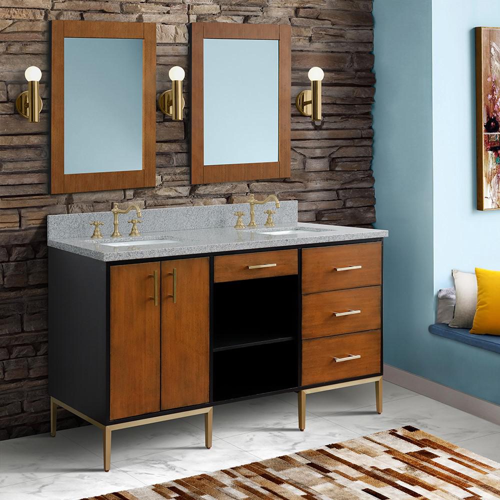Double sink vanity in Walnut and Black and Gray granite and rectangle sink. Picture 2