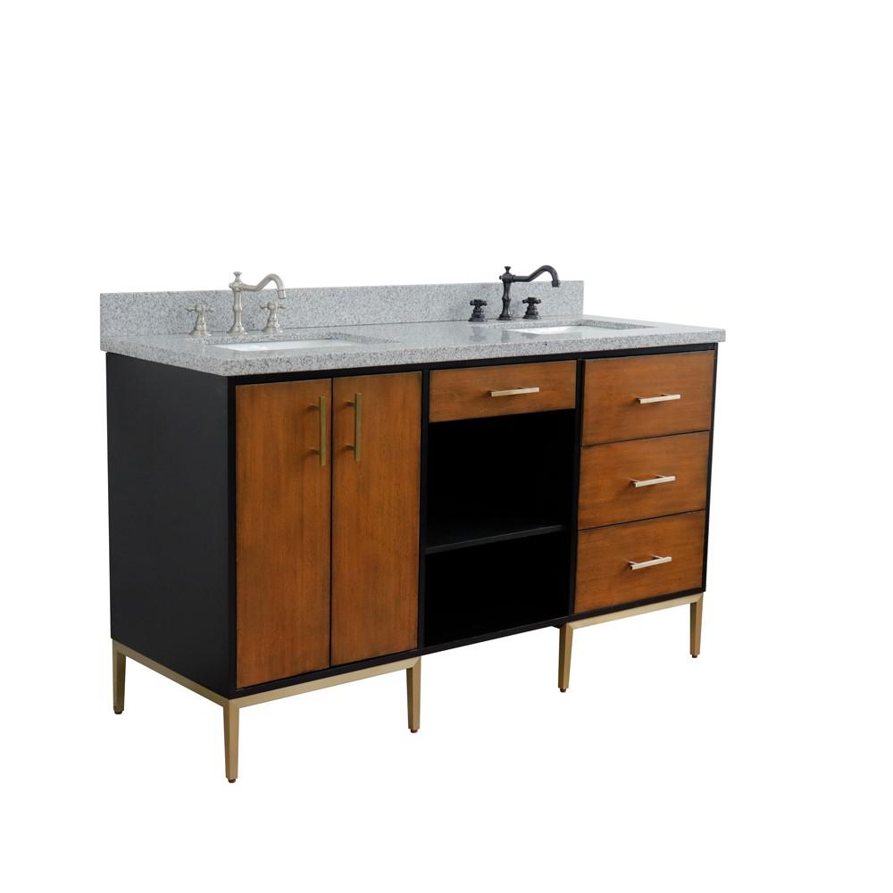 Double sink vanity in Walnut and Black and Gray granite and rectangle sink. Picture 3