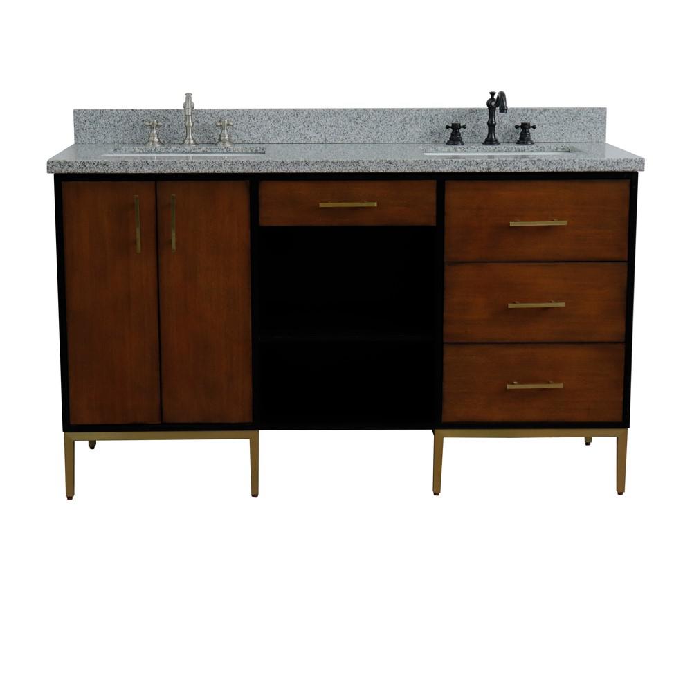 Double sink vanity in Walnut and Black and Gray granite and rectangle sink. Picture 13