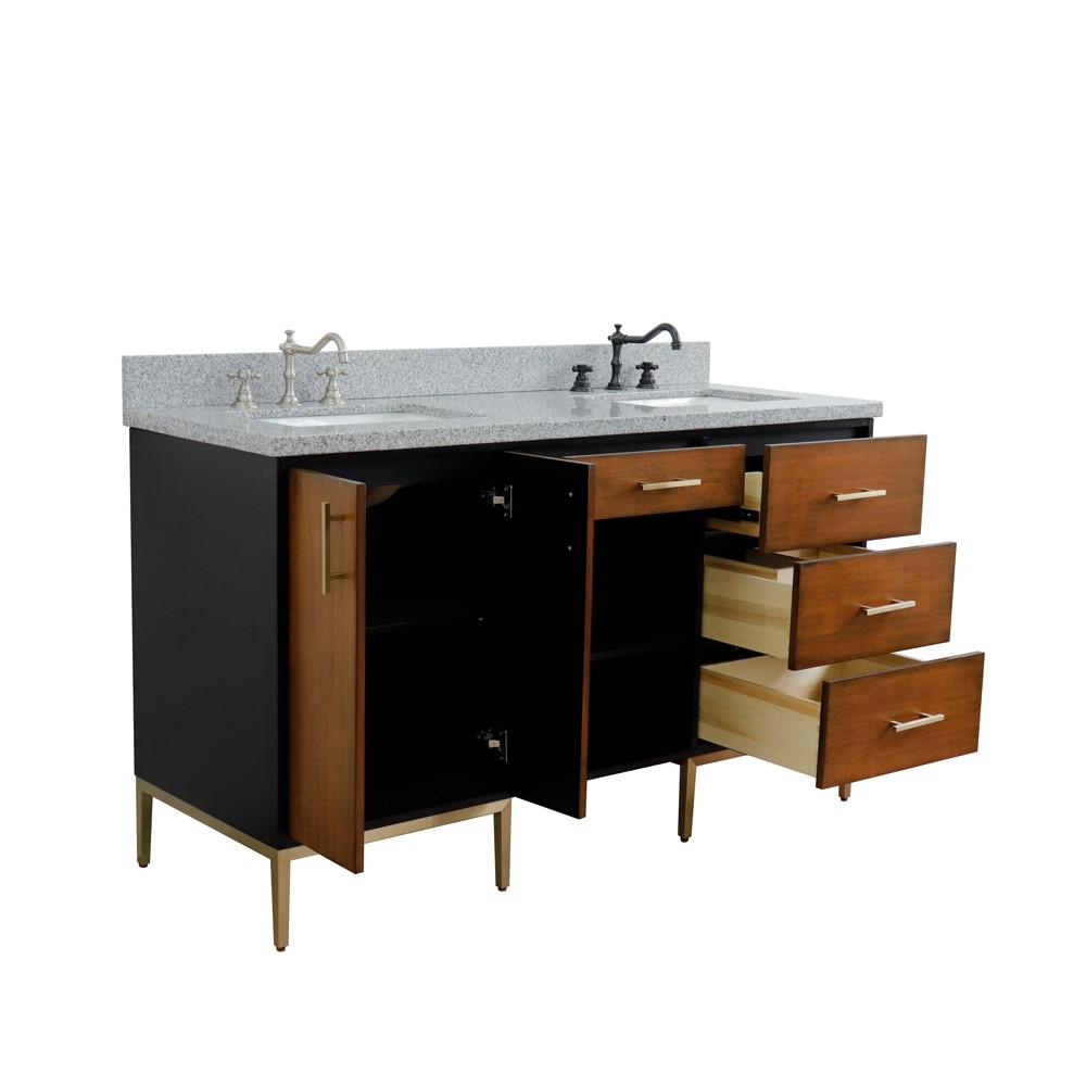 Double sink vanity in Walnut and Black and Gray granite and rectangle sink. Picture 17