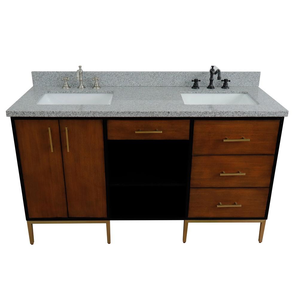 Double sink vanity in Walnut and Black and Gray granite and rectangle sink. Picture 18
